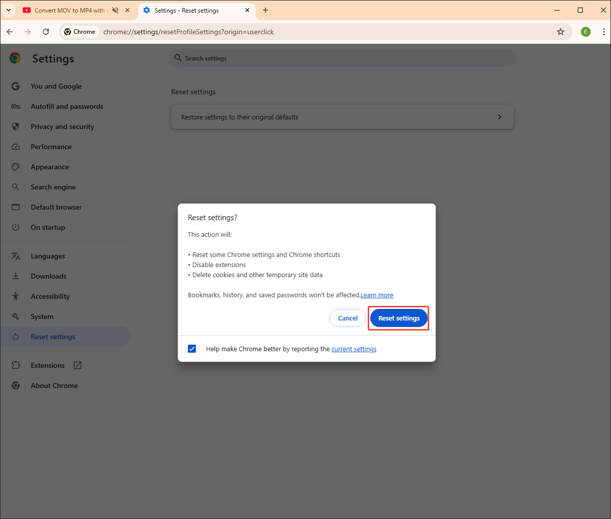 The Settings page of Google Chrome with the Reset settings button selected in the Reset settings window.