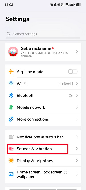 Android Settings interface with the Sounds and vibration option selected.