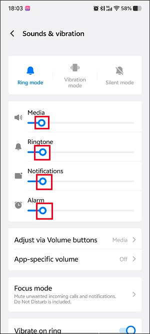 Android Sounds and vibration interface with various circle sliders dragged.