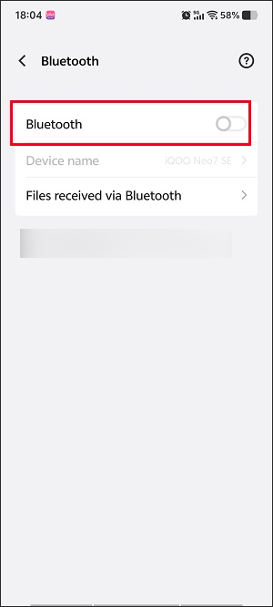 Android Settings interface with the Bluetooth option turned off.