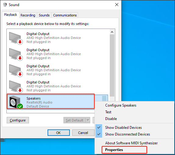 Windows Sound window with the Speakers right-clicked and the Properties option selected.