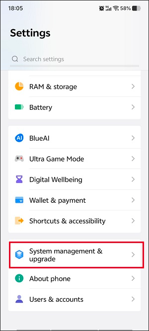 The Settings app interface with the System management and upgrade option selected.