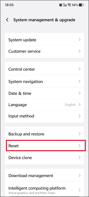 The Settings app interface with the Reset option selected.