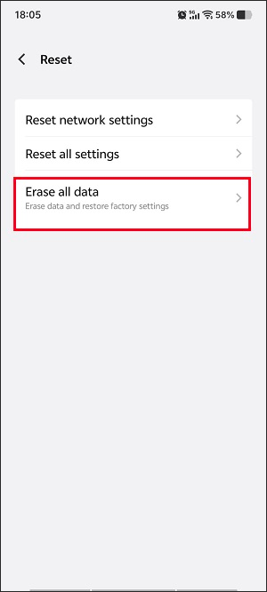 The Settings app interface with the Erase all data option selected.