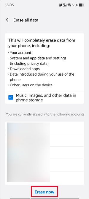 The Settings app interface with the Erase now option selected.
