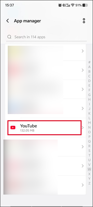 App manager interface with the YouTube option selected.