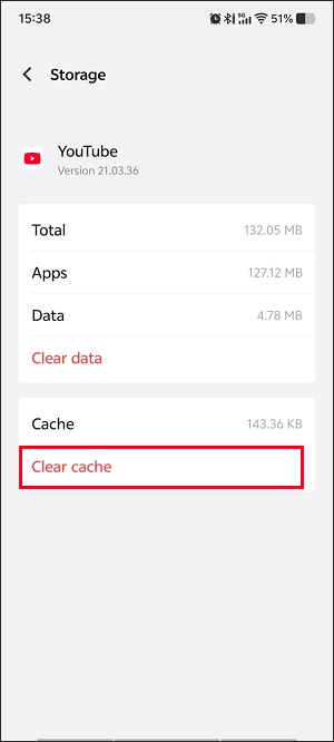 Storage interface with the Clear cache option selected to begin the clearing process.