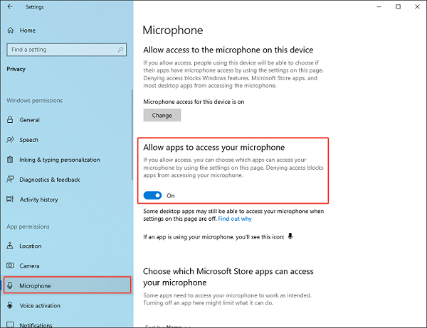 Windows Settings interface with the Allow apps to access your microphone option turned on.