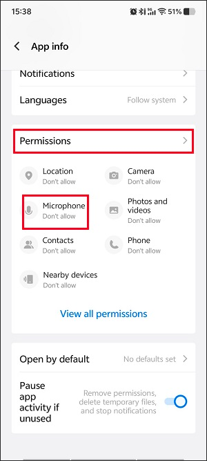 The App info interface with the Microphone option selected under the Permissions section.