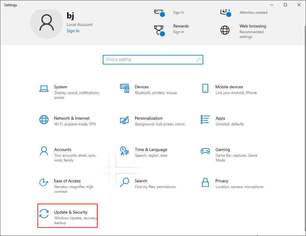 Windows Settings window with the Update and Security option selected.
