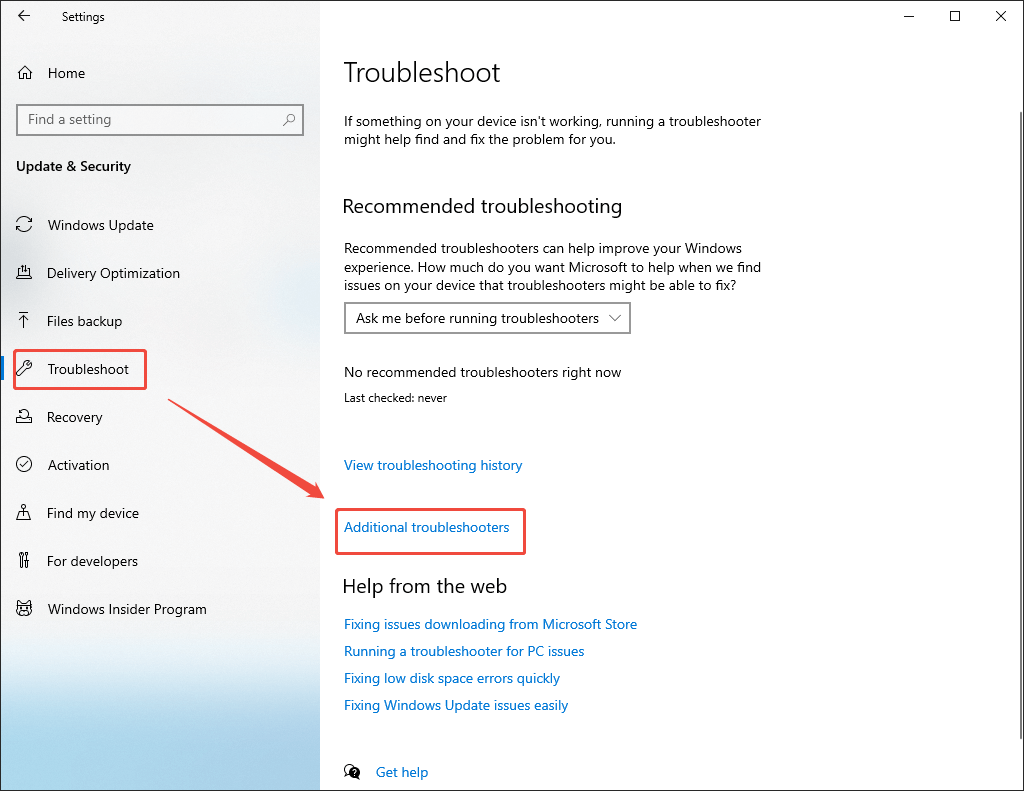 Windows Settings window with the Additional troubleshooters option selected under the Troubleshoot tab.
