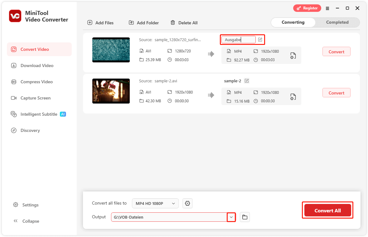 Ein Screenshot zum Umbenennen der Ausgabedatei und Ändern des Speicherorts in MiniTool Video Converter.