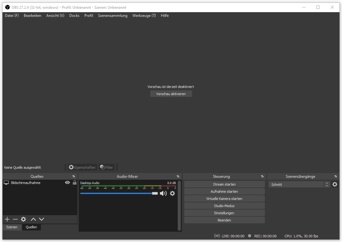 Oberfläche von OBS Studio.