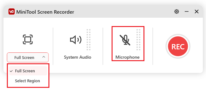 Ein Screenshot zur Auswahl des Aufnahmebereichs und zur Verwaltung der Audioquelle.