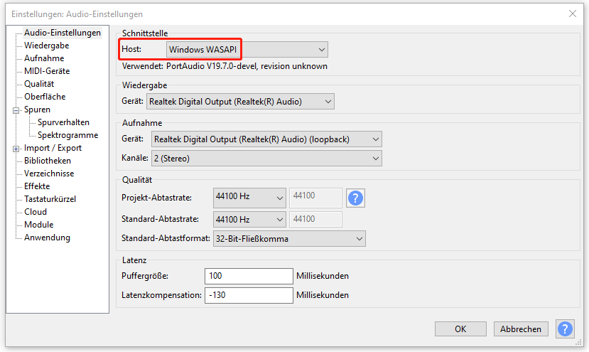 Markierung der Option Windows WASAPI im Menü Host.