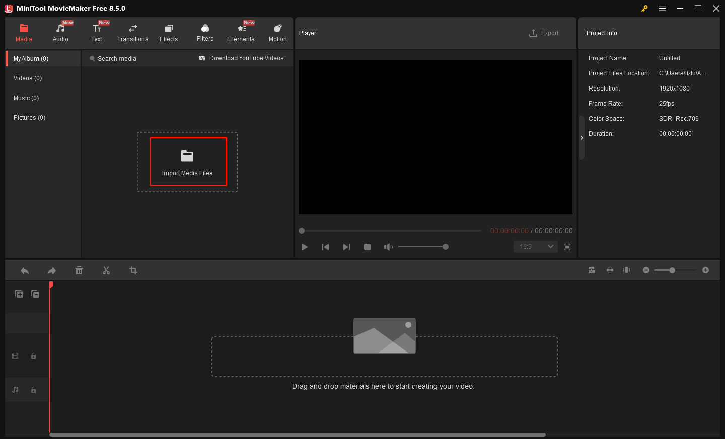 MiniTool MovieMakerでImport Media Filesをクリックしている様子