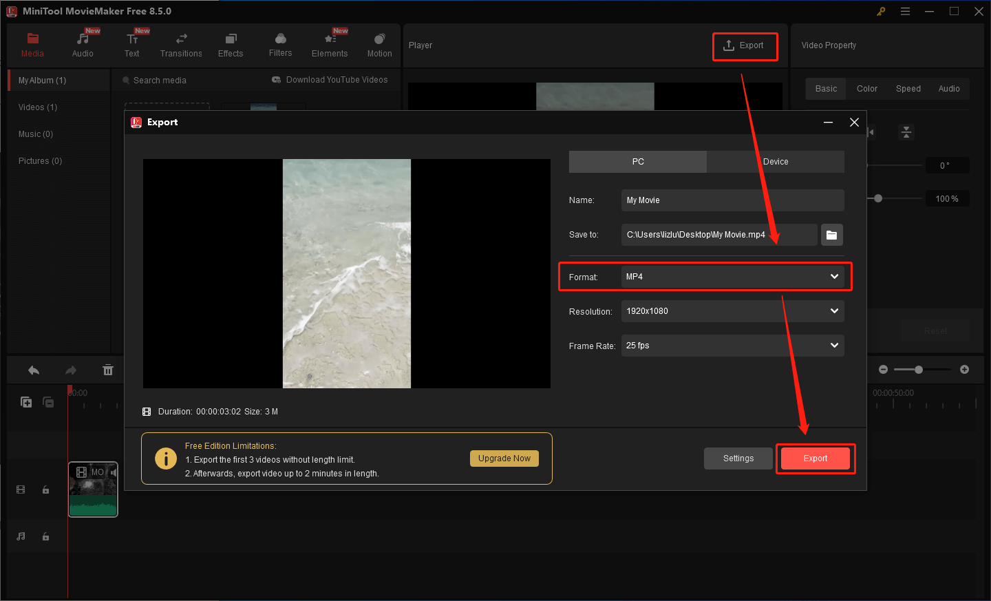 MiniTool MovieMakerでExportボタンをクリックしている様子