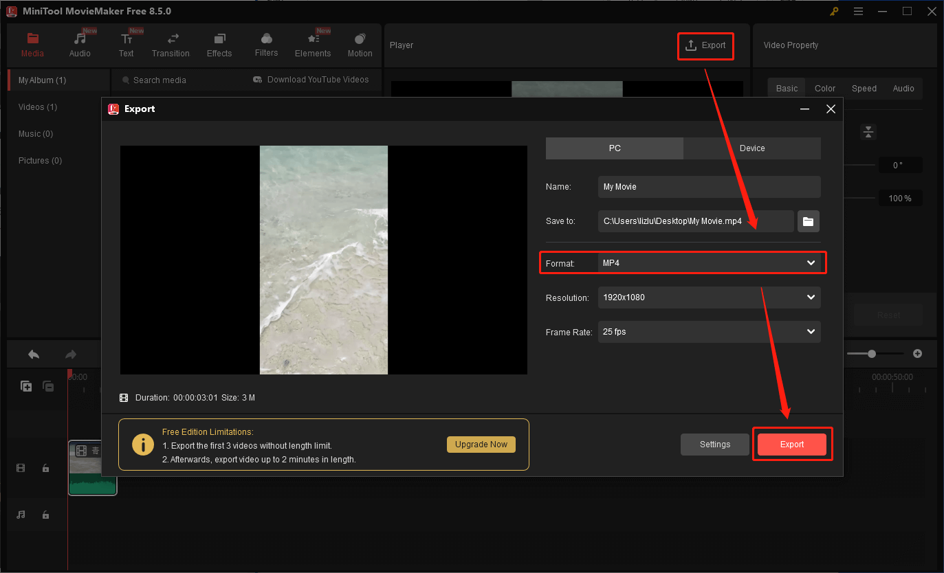 MiniTool MovieMakerでExportボタンをクリックしている様子