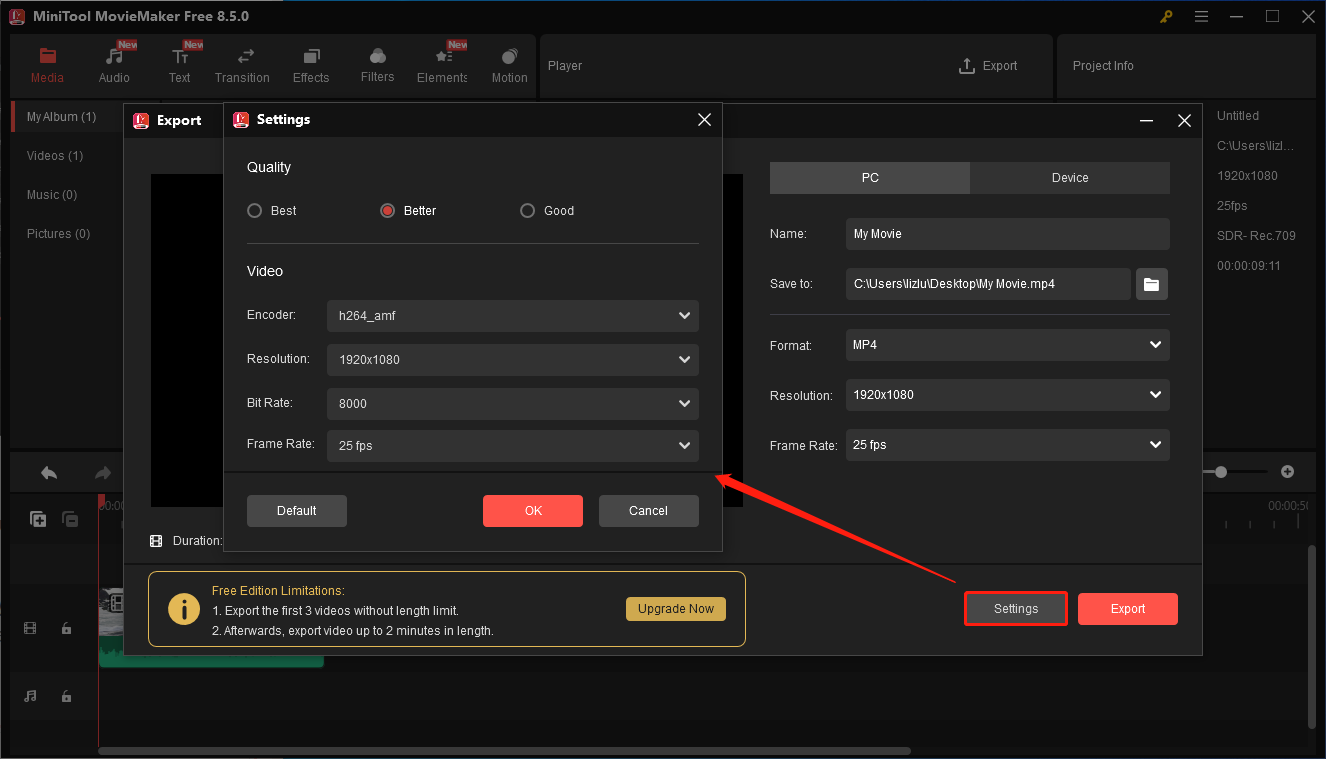 MiniTool MovieMakerでSettingsをクリックしている様子