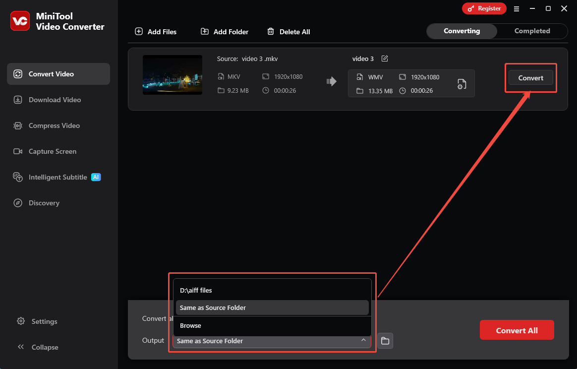 Ein Screenshot zur Auswahl eines Speicherorts und zum Start der Konvertierung.