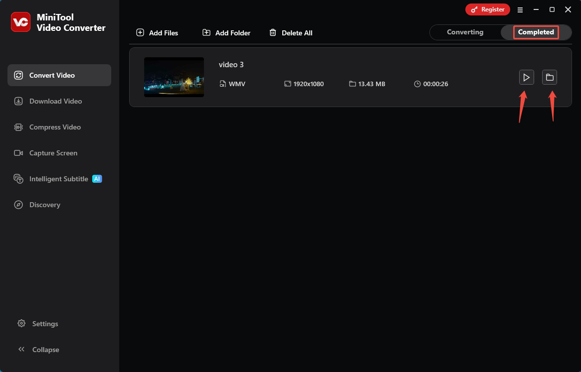 Markierung des Wiedergabe- und Ordnersymbols in MiniTool Video Converter.
