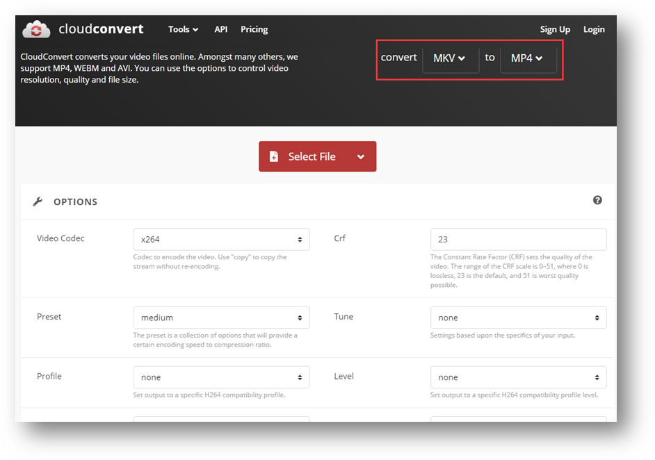 Cloudconvertで入力動画の形式と出力動画の形式を選択している様子