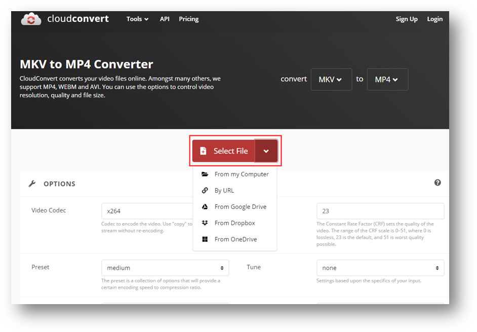 Cloudconvertで変換したい動画を選択している様子