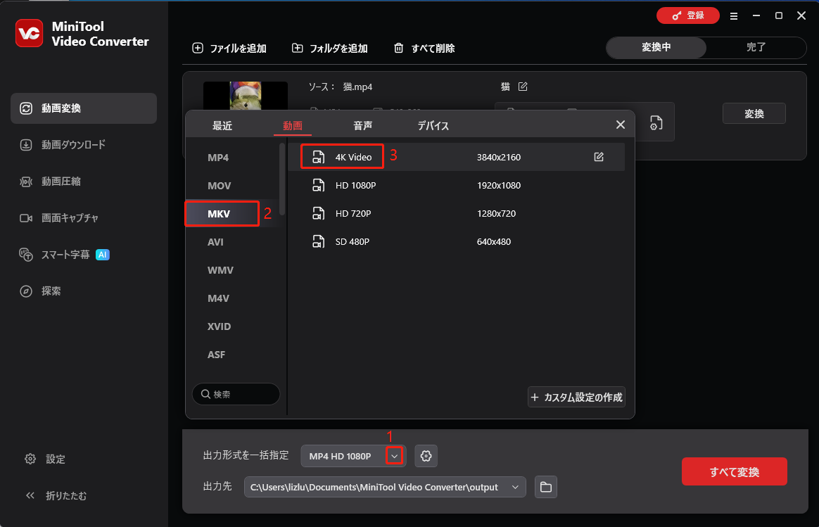 MiniTool Video Converterで出力形式を選択している画面