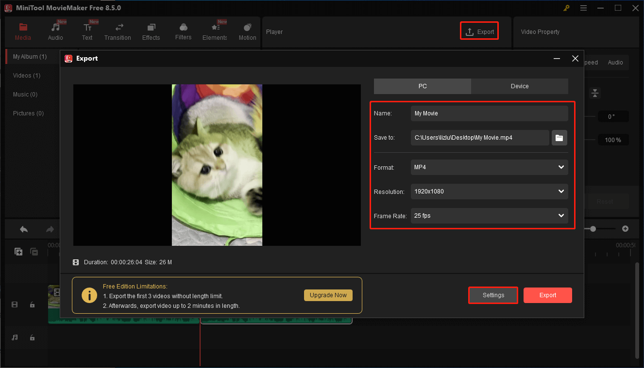 MiniTool MovieMakerで動画の形式などを設定している様子