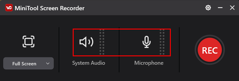 Markierung des Lautsprecher- und Mikrofonsymbols in MiniTool Screen Recorder.
