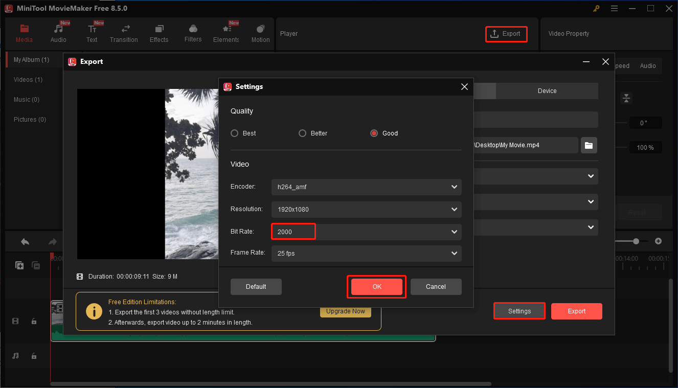 MiniTool MovieMakerでエクスポート設定を変更している様子