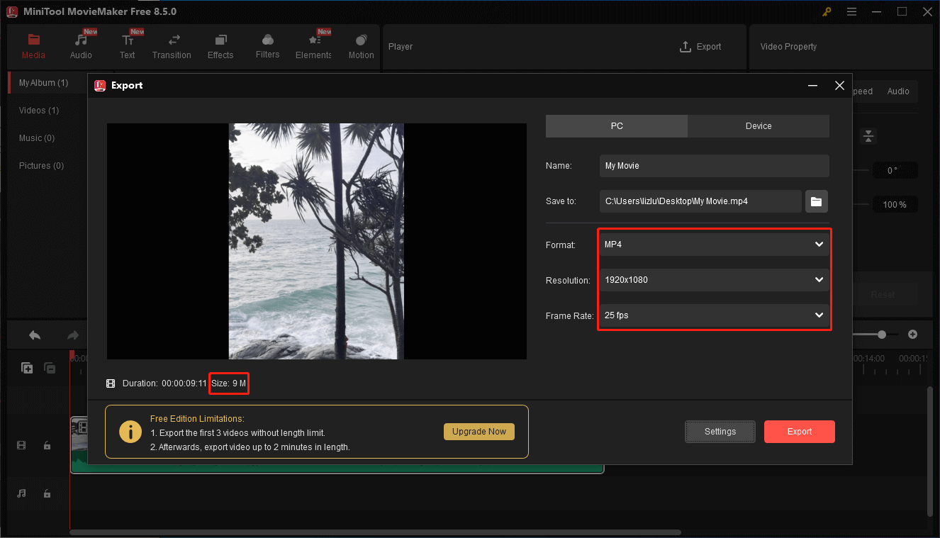MiniTool MovieMakerで「Export」をクリックしている様子