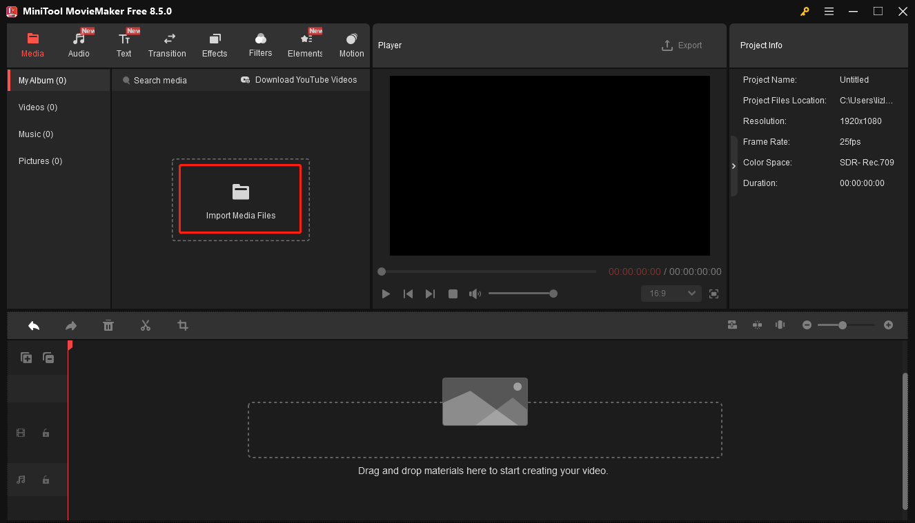 MiniTool MovieMakerでImport Media Filesをクリックしている様子