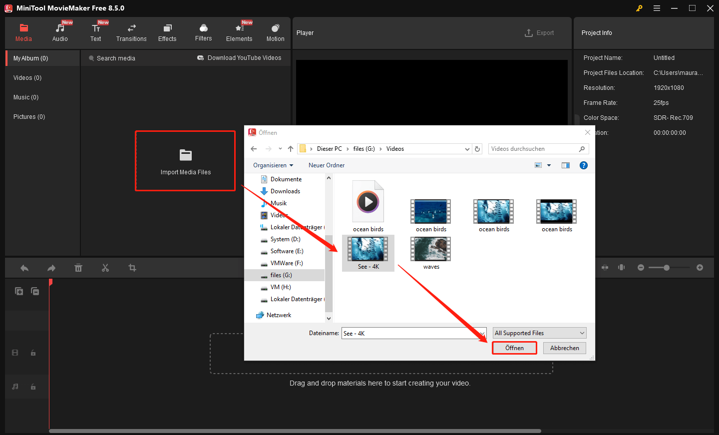 Ein Screenshot zum Hinzufügen eines zu komprimierenden Videos in die Mediathek.