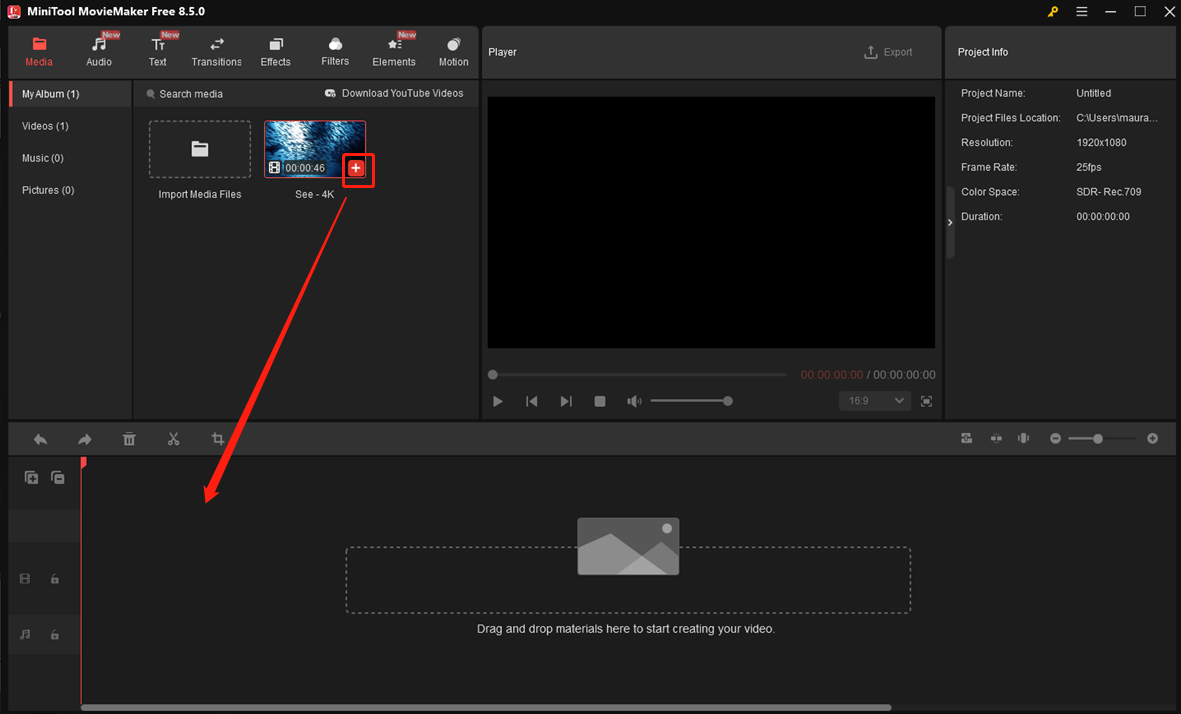 Ein Screenshot zum Hinzufügen des importierten Videos zur Zeitleiste in MiniTool MovieMaker.
