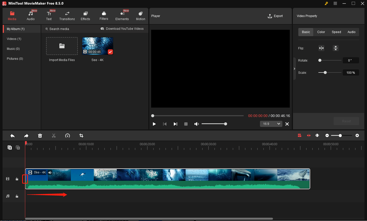 Markierung des roten Pfeils auf der Zeitleiste.