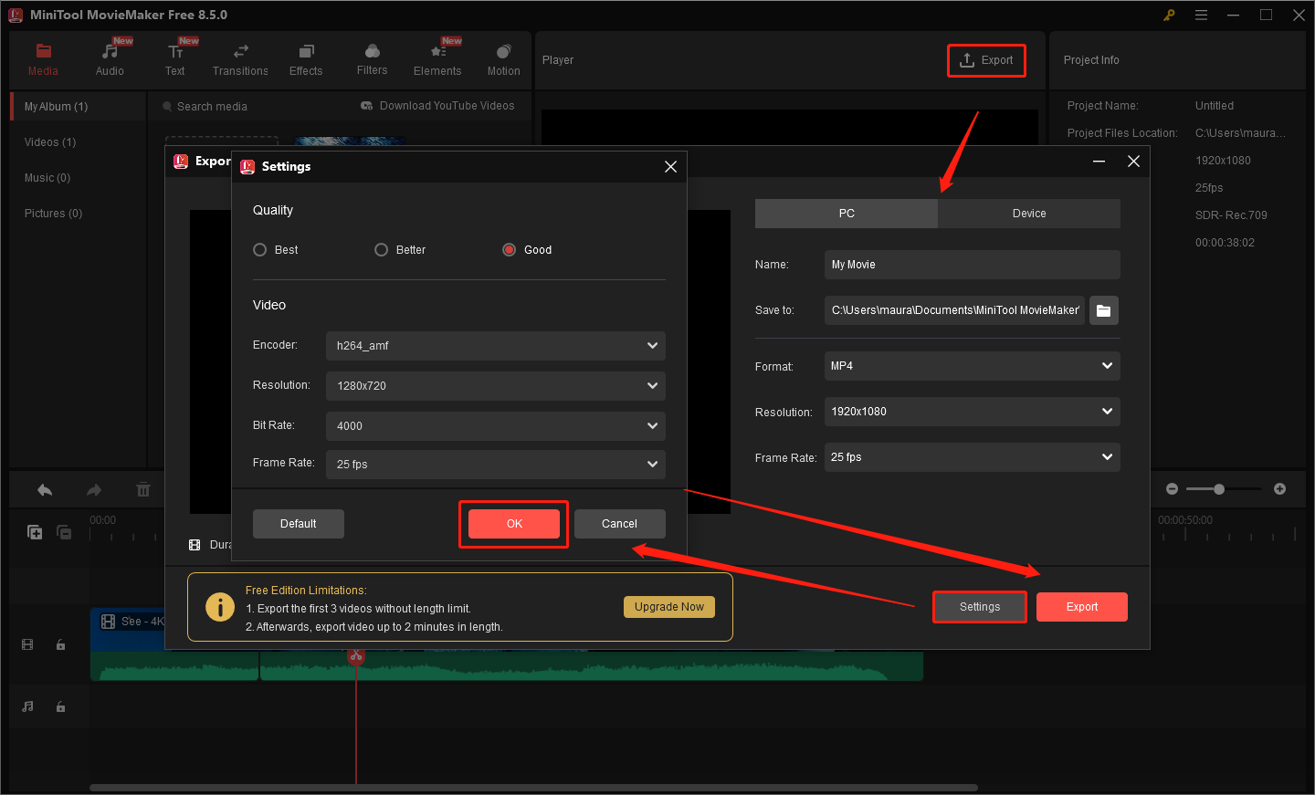 Ein Screenshot zum Anpassen verschiedener Videoparameter im Exportfenster.