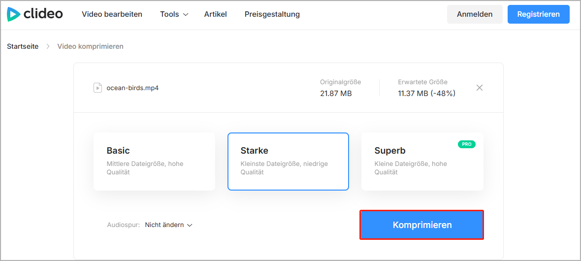Ein Screenshot zur Online-Videokomprimierung mit Clideo.