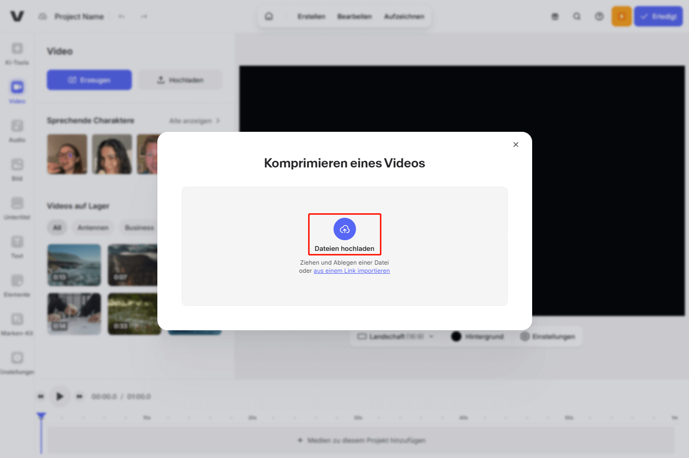 Auswahl der Option Dateien hochladen bei VEED.