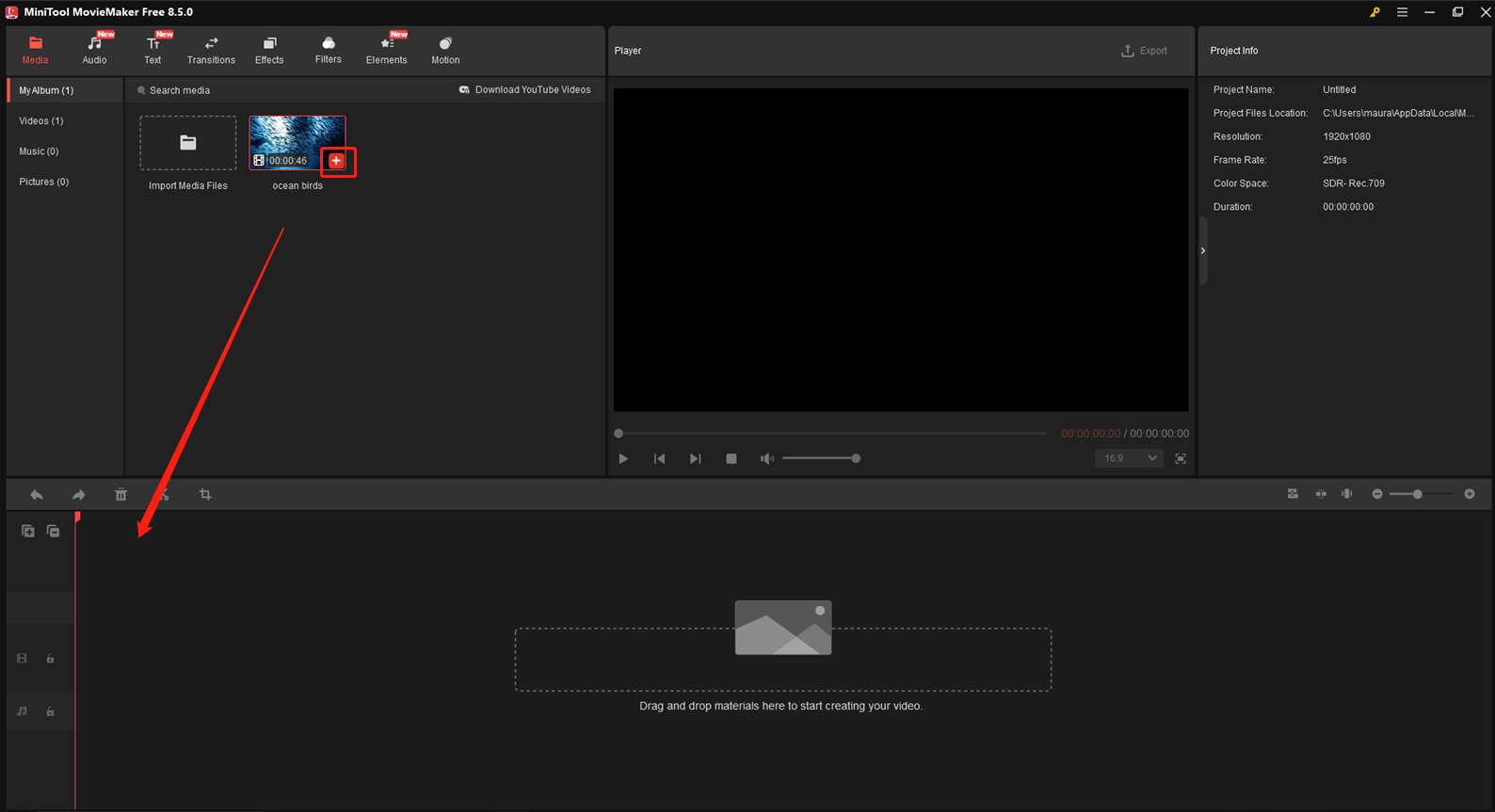 Ein Screenshot zum Hinzufügen des Videos zur Zeitleiste in MiniTool MovieMaker.