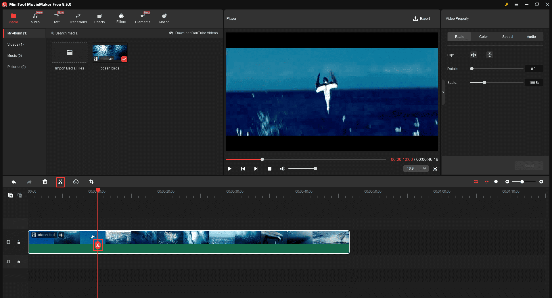 Markierung des Scherensymbols auf der Zeitleiste in MiniTool MovieMaker.