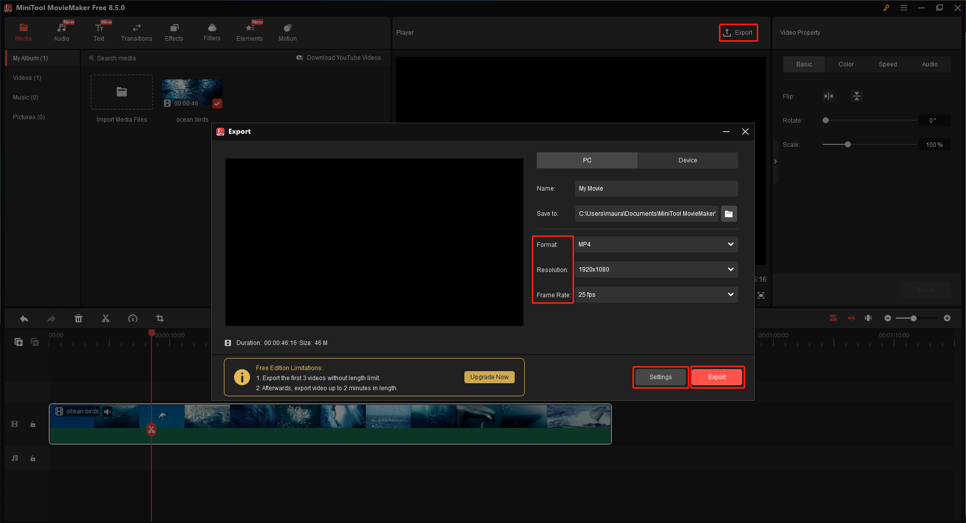 Ein Screenshot zum Ändern verschiedener Videoparameter im Fenster Exportieren.