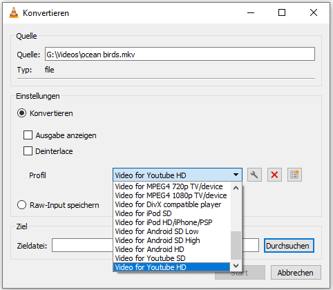 Markierung der Option YouTube for YouTube HD in VLC.
