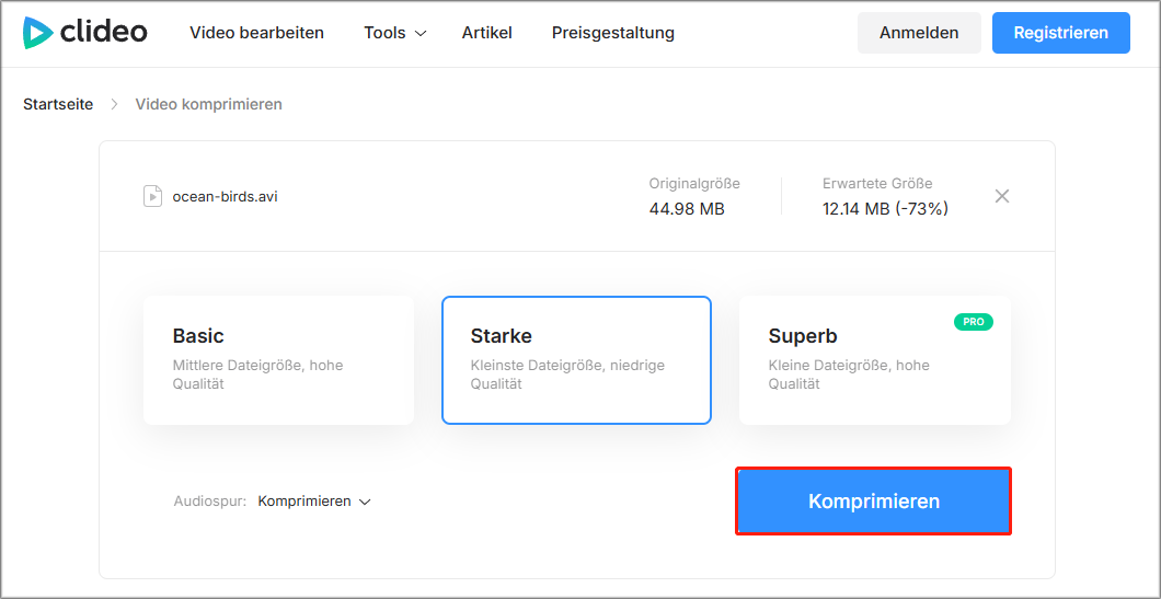 Markierung der Schaltfläche Komprimieren in Clideo.