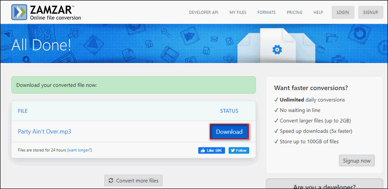 ZamzarでDownloadボタンをクリックしている様子