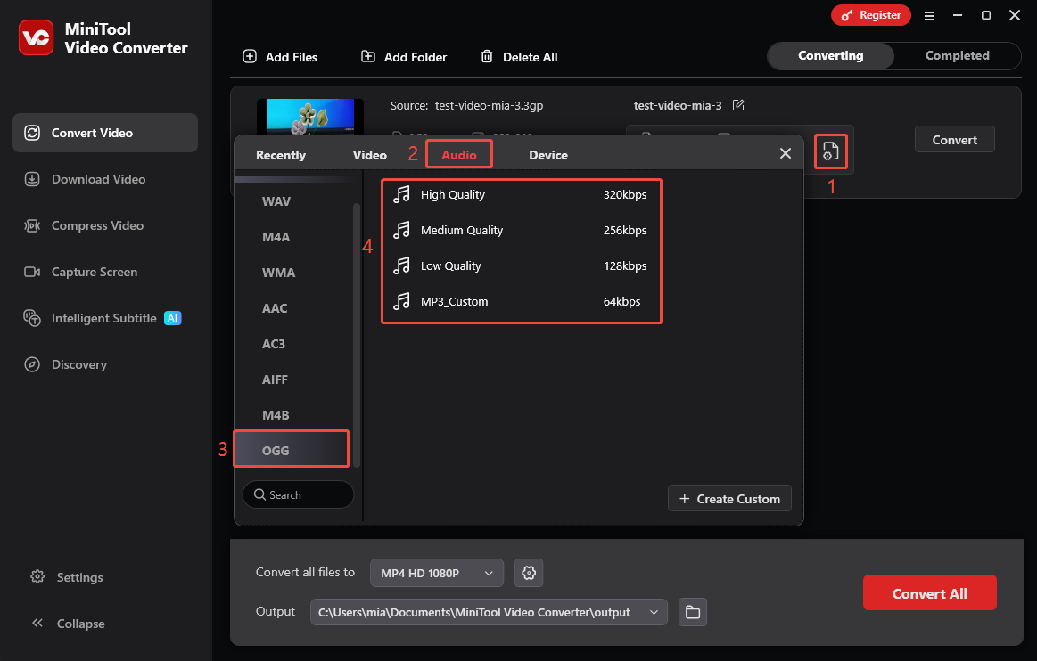 MiniTool Video Converter interface showing how to choose an output format.