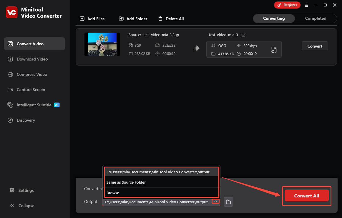MiniTool Video Converter interface showing how to select the output folder and how to start conversion.