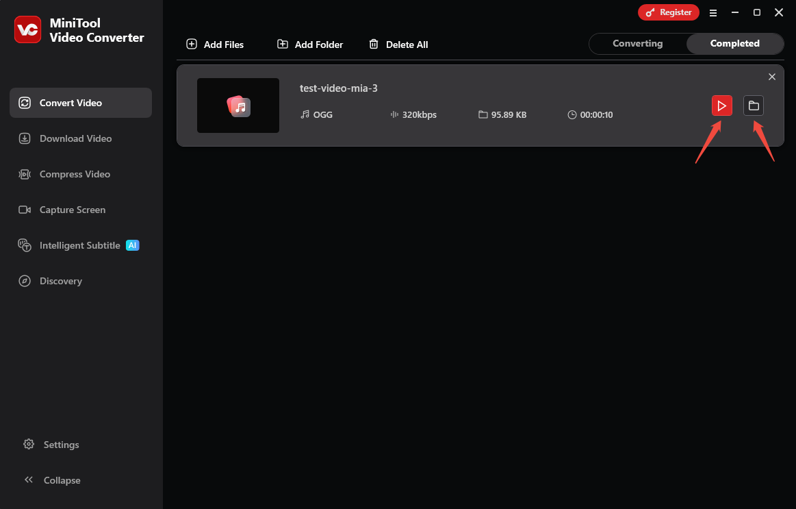 MiniTool Video Converter interface with the play icon and the folder icon selected under the Convert Video Completed tab.