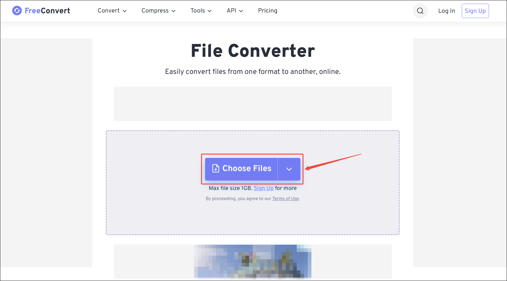 FreeConvert homepage with the Choose Files option selected.