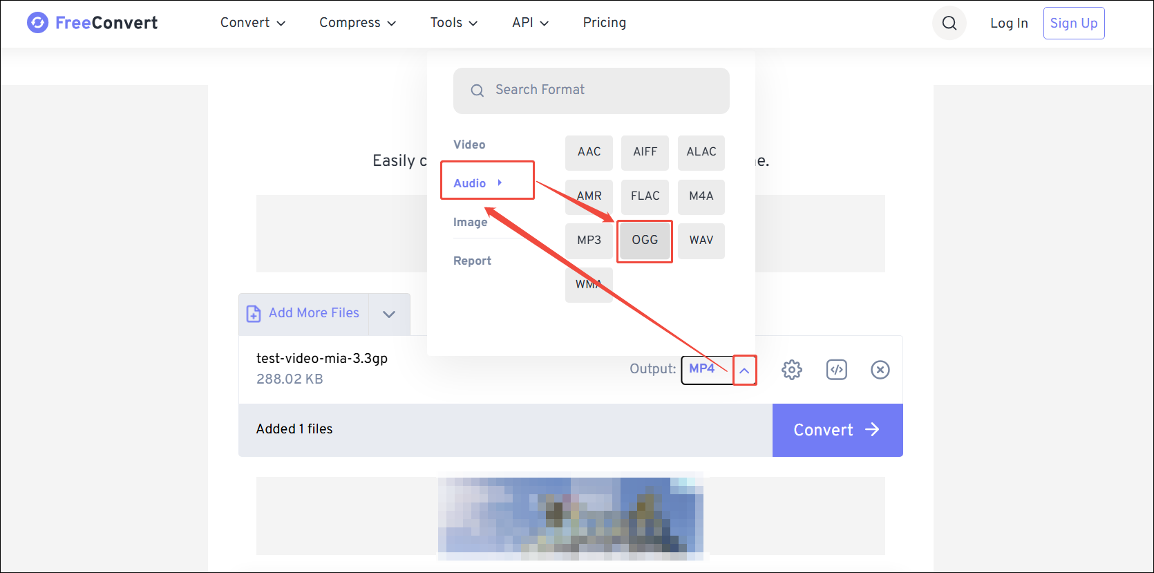 FreeConvert format selecting page showing how to choose OGG as the output format.